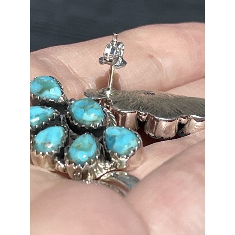 Turquoise Cluster Earrings Sterling Silver Southwestern Native Style Statement - Picture 10 of 11